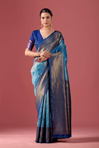 Woman in front pose wearing sky blue grey Banarasi silk checks pattern saree — Chandrikas