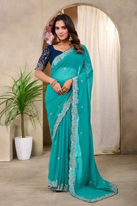 Turquoise Teal Georgette Saree