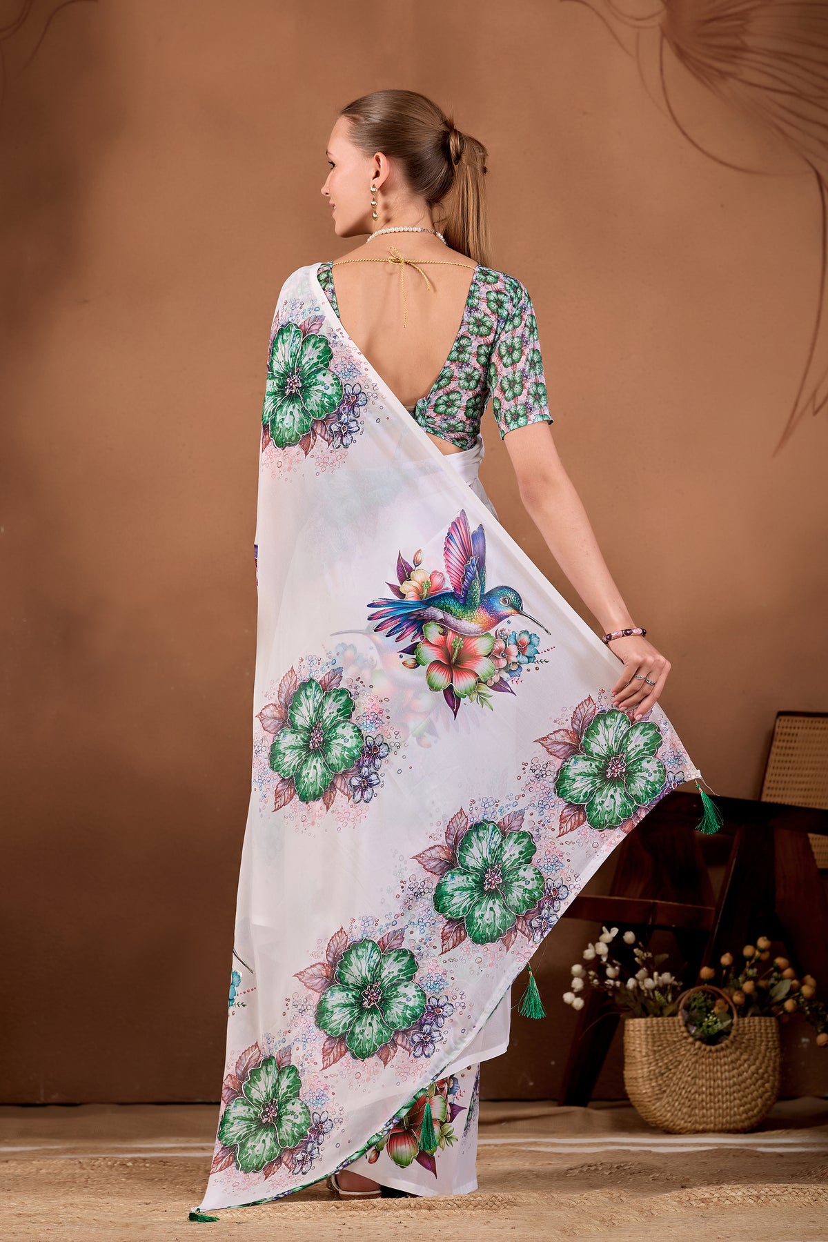 Back view of White Bottle Green floral bird printed weightless saree showing pallu and floral print — Chandrikas