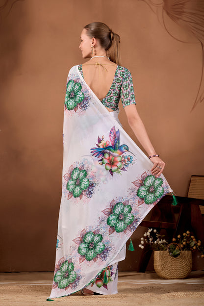 Back view of White Bottle Green floral bird printed weightless saree showing pallu and floral print — Chandrikas