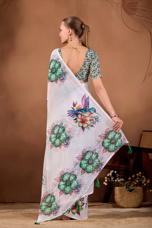 Back view of White Bottle Green floral bird printed weightless saree showing pallu and floral print — Chandrikas