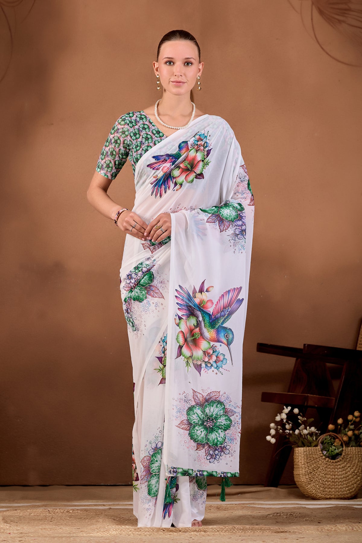 Full length front look of White Bottle Green floral bird printed weightless saree draped on model — Chandrikas