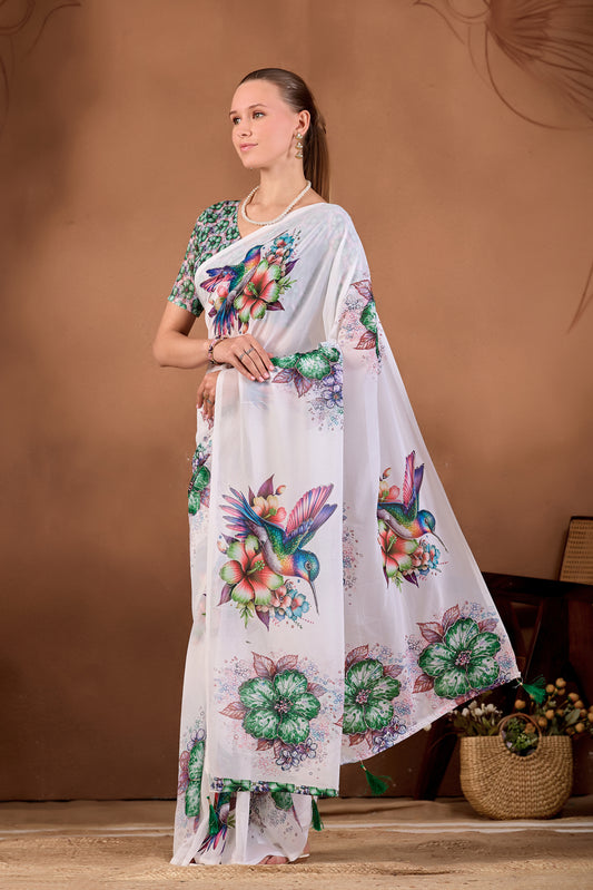 Side pose showing pleats and flowing drape of White Bottle Green floral bird printed weightless saree — Chandrikas
