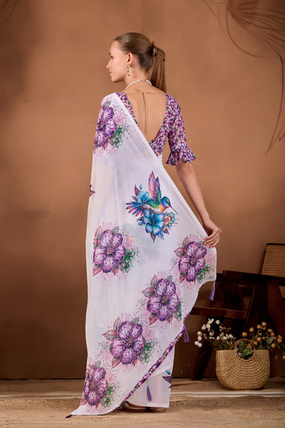 Back view of White Jamli floral bird printed weightless saree showing pallu and floral print — Chandrikas