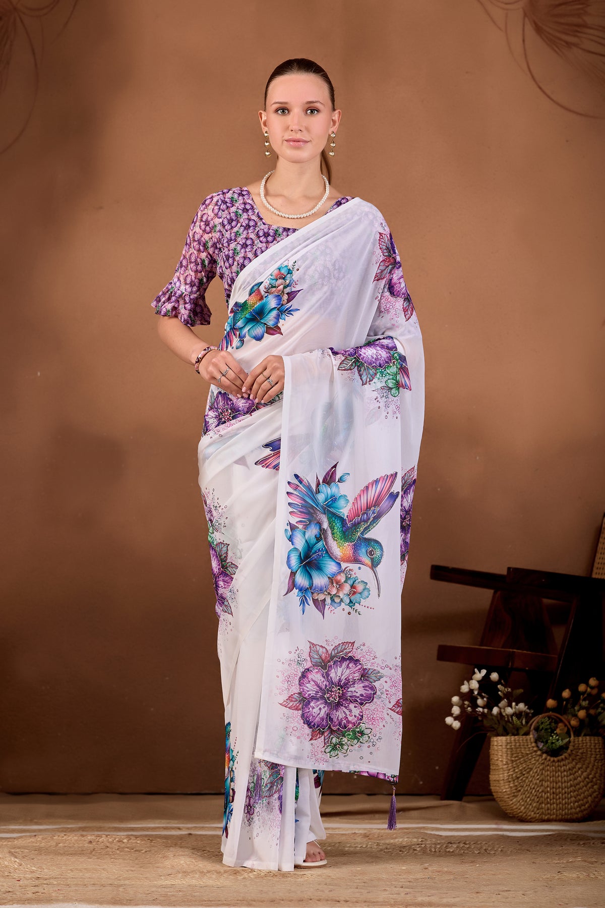 Full length front look of White Jamli floral bird printed weightless saree draped on model — Chandrikas