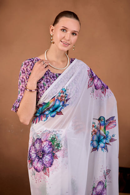 Close view of White Jamli floral bird printed weightless saree pallu with purple flowers and bird motif — Chandrikas
