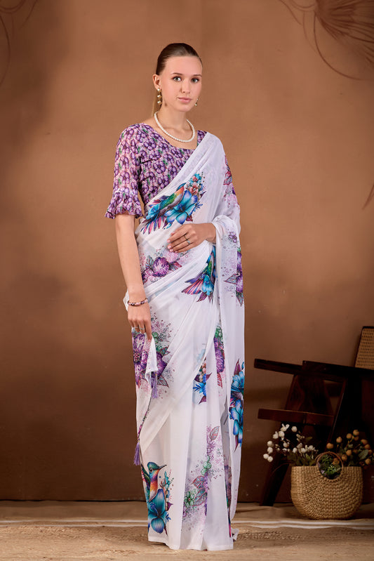Side pose showing pleats and flowing drape of White Jamli floral bird printed weightless saree — Chandrikas