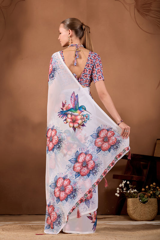 Back view of White Maroon floral bird printed weightless saree showing pallu and floral print — Chandrikas