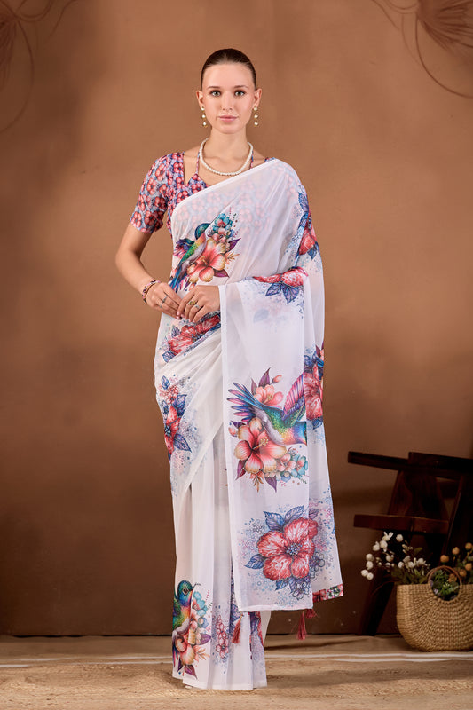 Full length front look of White Maroon floral bird printed weightless saree draped on model — Chandrikas