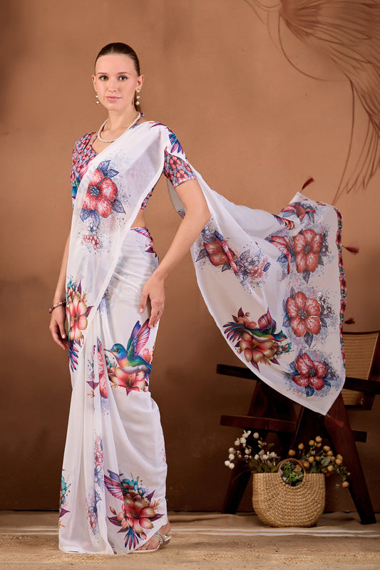 Model lifting the pallu of White Maroon floral bird printed weightless saree to show full floral and bird print — Chandrikas