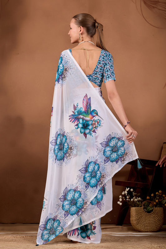 Back view of White Mor Peach floral bird printed weightless saree showing pallu and floral print — Chandrikas