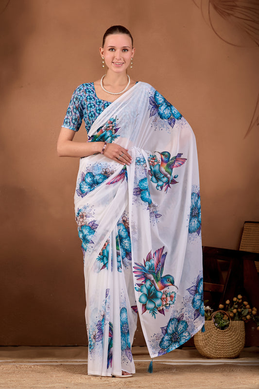 Full length front look of White Mor Peach floral bird printed weightless saree draped on model — Chandrikas