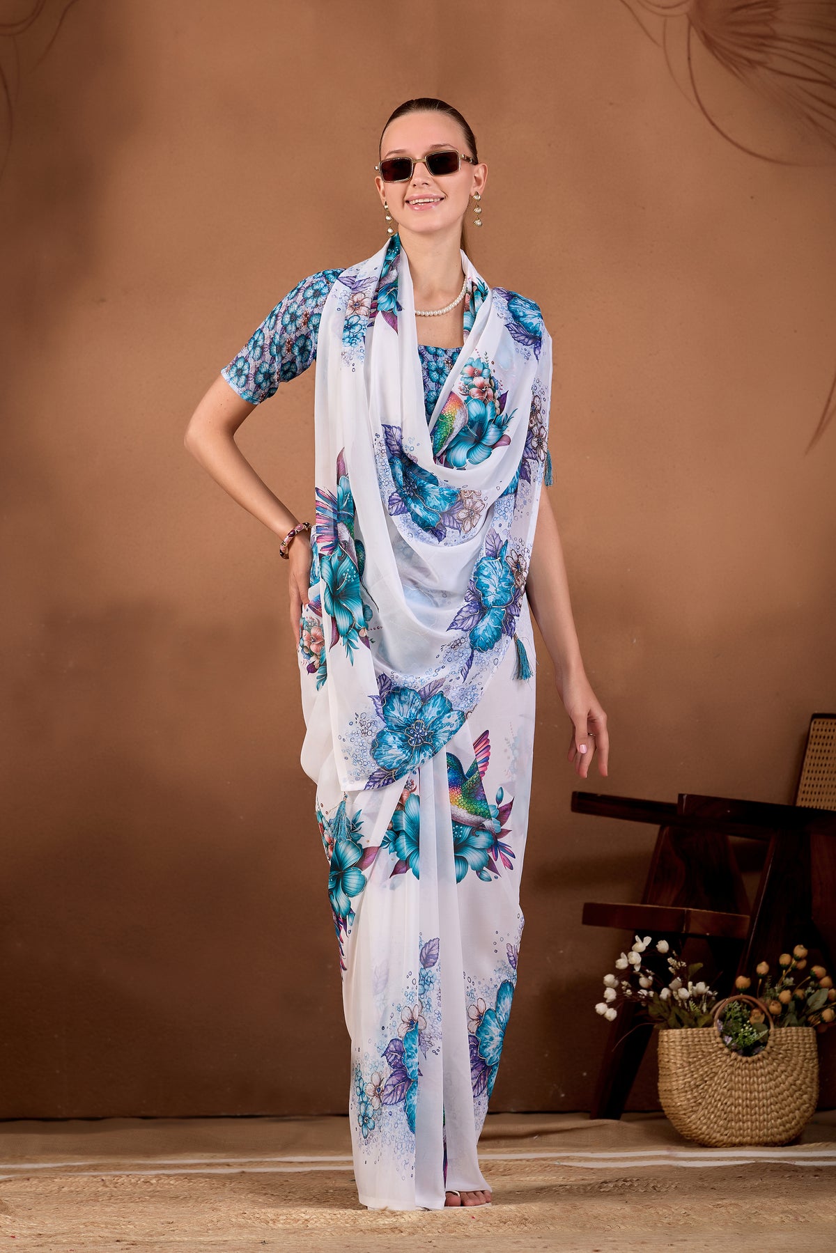 white-mor-peach-floral-bird-weightless-saree-standing-pose