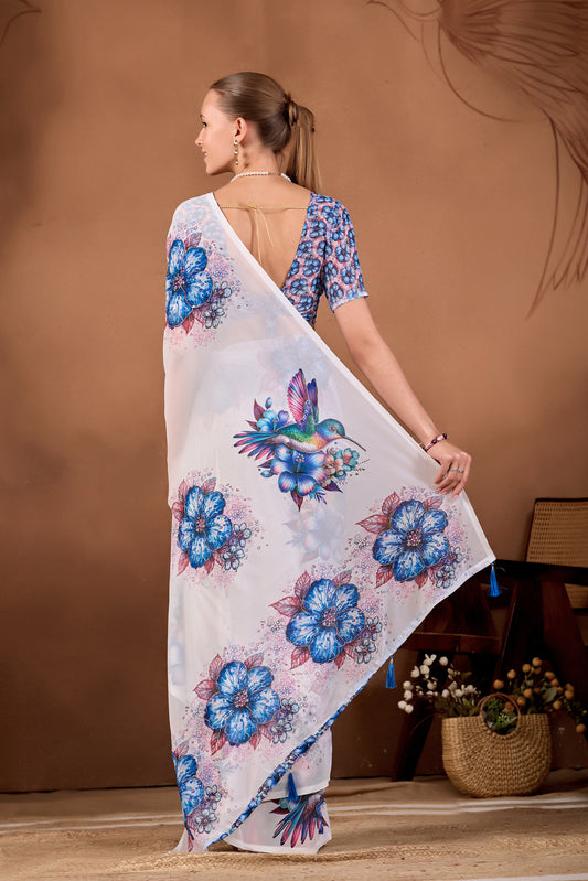 Back view of White Navy Blue floral bird printed weightless saree showing pallu and floral print — Chandrikas