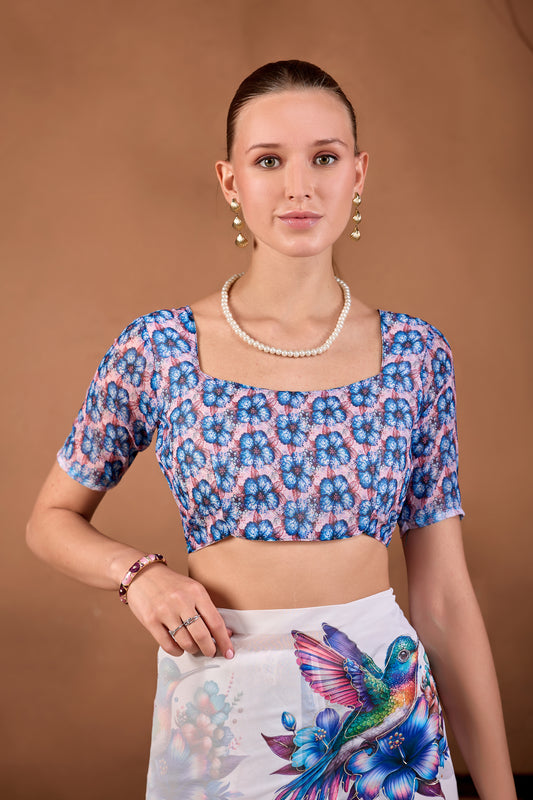 Model wearing White Navy Blue floral bird printed weightless saree with matching blue printed blouse front view — Chandrikas