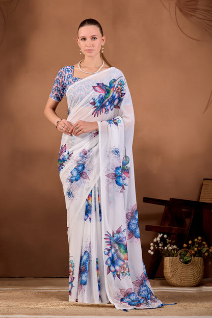 Full length front look of White Navy Blue floral bird printed weightless saree draped on model — Chandrikas