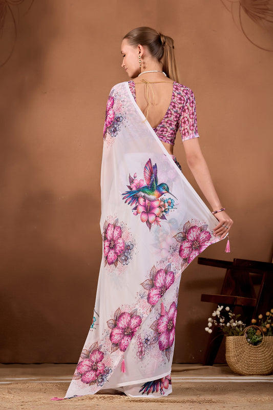 Back view of White Wine floral bird printed weightless saree showing pallu and floral print — Chandrikas