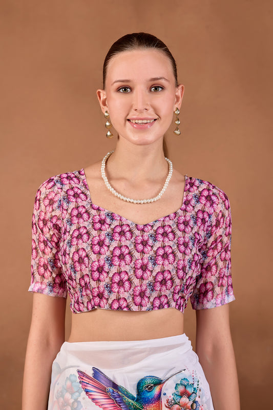Model wearing White Wine floral bird printed weightless saree with matching pink printed blouse front view — Chandrikas
