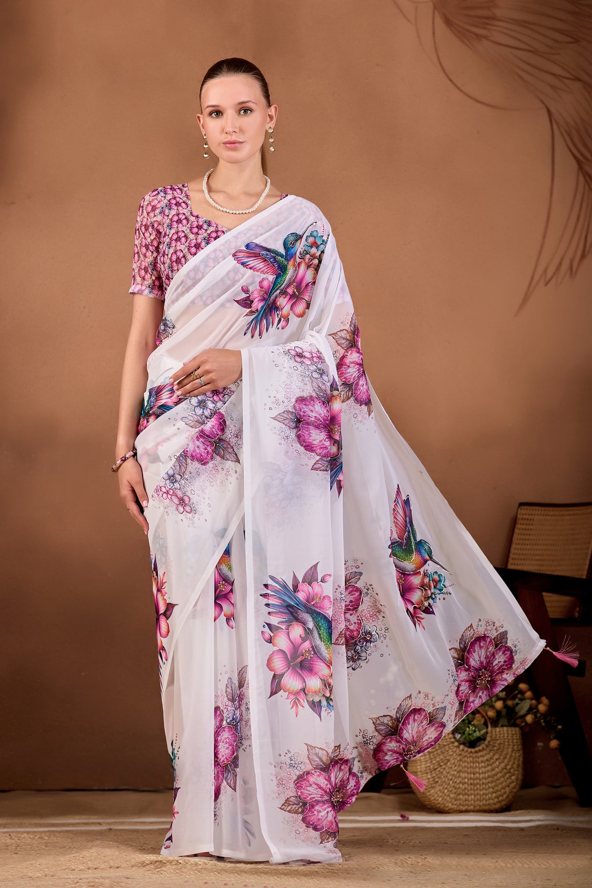 Full length front look of White Wine floral bird printed weightless saree draped on model — Chandrikas