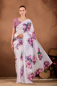 White Wine Floral Bird Printed Weightless Saree