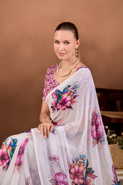 Seated close pose showing pallu and bird motif of White Wine floral bird printed weightless saree — Chandrikas