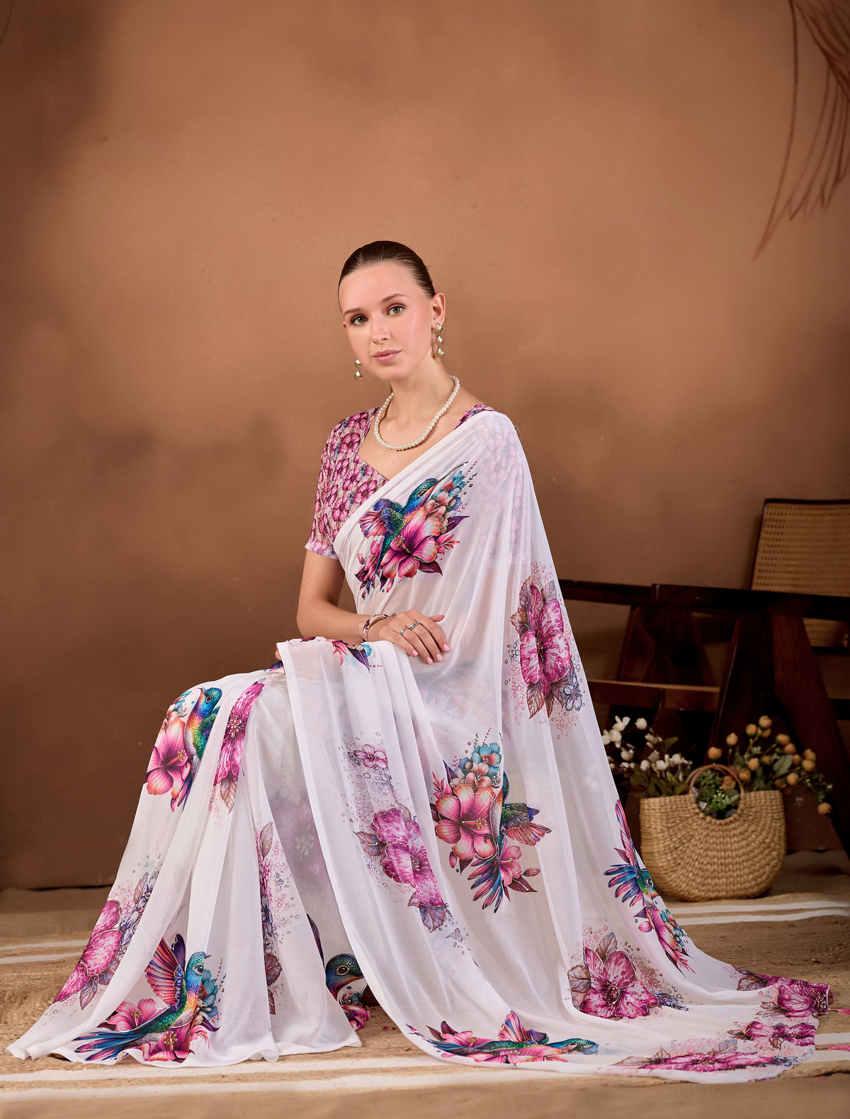 Seated pose showing flowing drape of White Wine floral bird printed weightless saree — Chandrikas