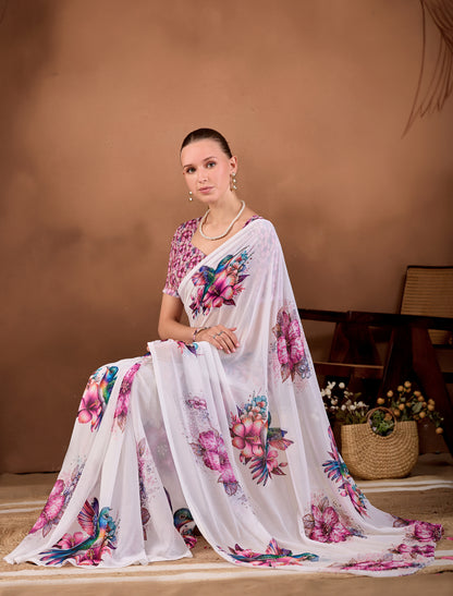 Seated pose showing flowing drape of White Wine floral bird printed weightless saree — Chandrikas