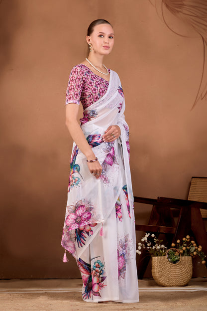 Side pose showing pleats and flowing drape of White Wine floral bird printed weightless saree — Chandrikas