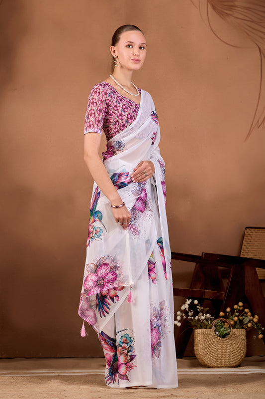 Side pose showing pleats and flowing drape of White Wine floral bird printed weightless saree — Chandrikas