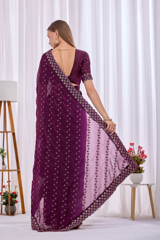 Back view of Wine satin floral thread work designer border saree with pallu and blouse — Chandrikas