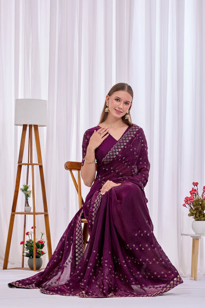Seated pose showing flowing drape of Wine satin floral thread work designer border saree — Chandrikas